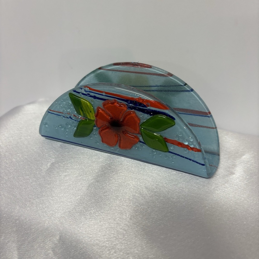Glass Art Napkin Holder‎ Handmade Blue Flowers
